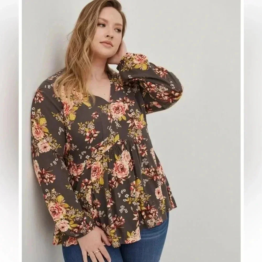 Torrid Gray Floral Crepe Babydoll Rayon Top‎